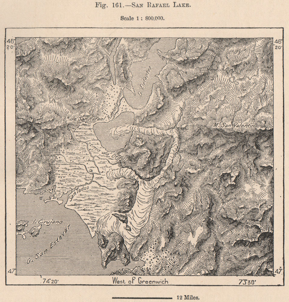 Laguna San Rafael Lake. Northern Patagonian Ice Field. Chile 1885 old map
